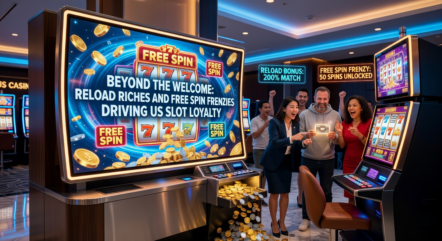 Colorful slot reels spinning with exploding free spin symbols and stacked reload bonus icons on a bustling casino floor