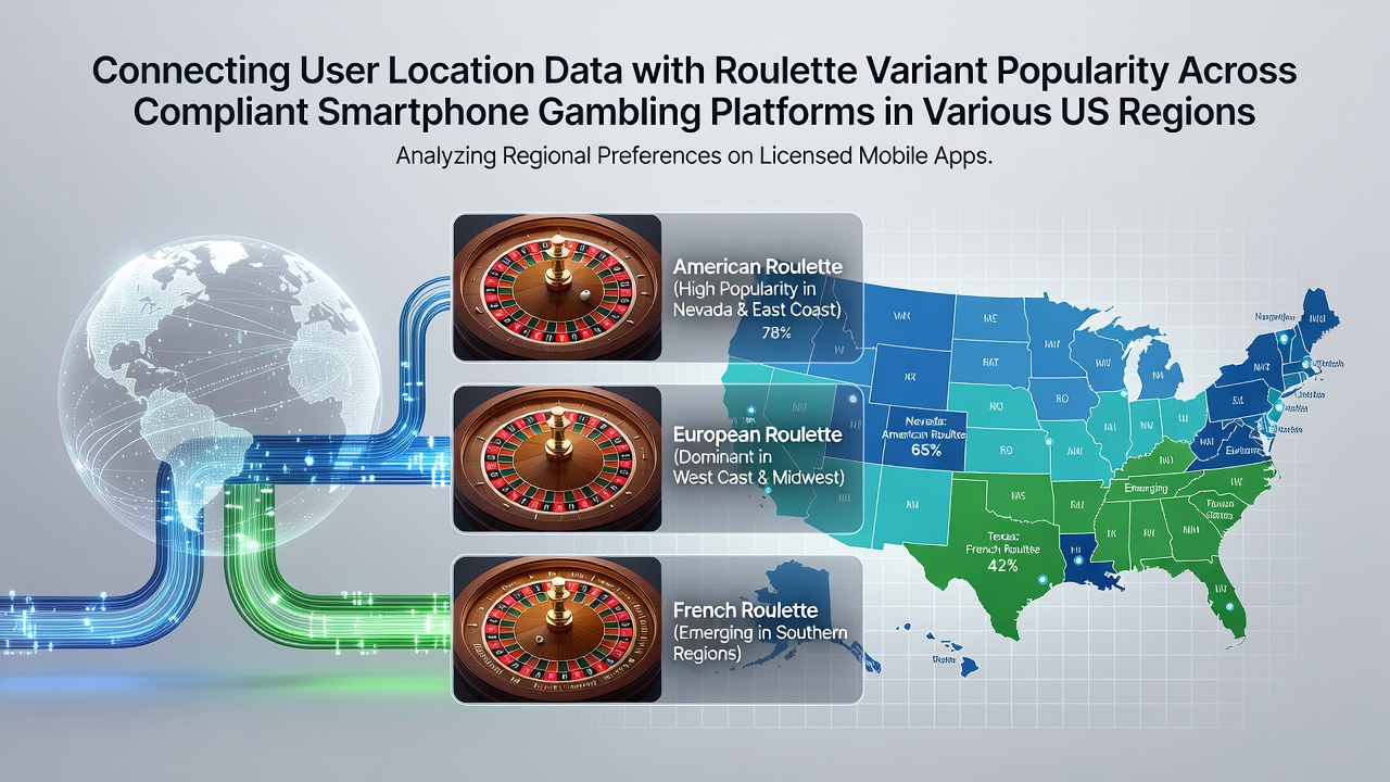 Map overlay showing roulette variant preferences across US states with smartphone icons indicating location tracking