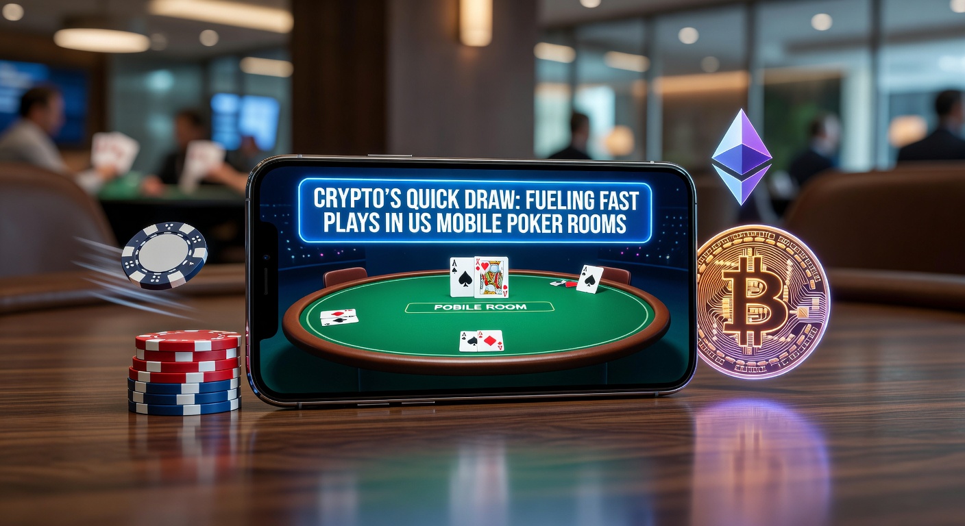 Dynamic graphic showing cryptocurrency lightning bolts accelerating poker chips across a mobile screen, symbolizing rapid transactions in online poker