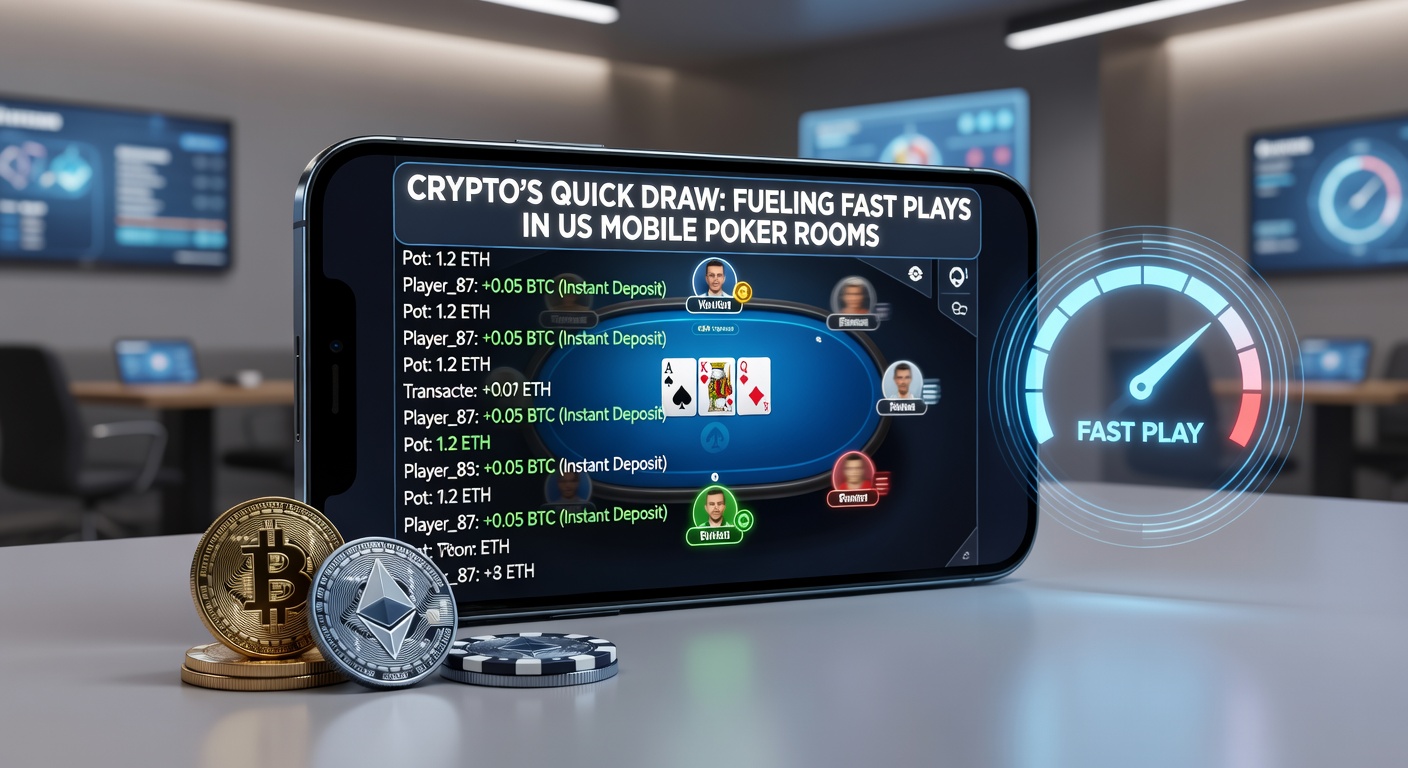 Close-up of a smartphone displaying a poker app with crypto deposit options active, chips stacking up rapidly on virtual tables