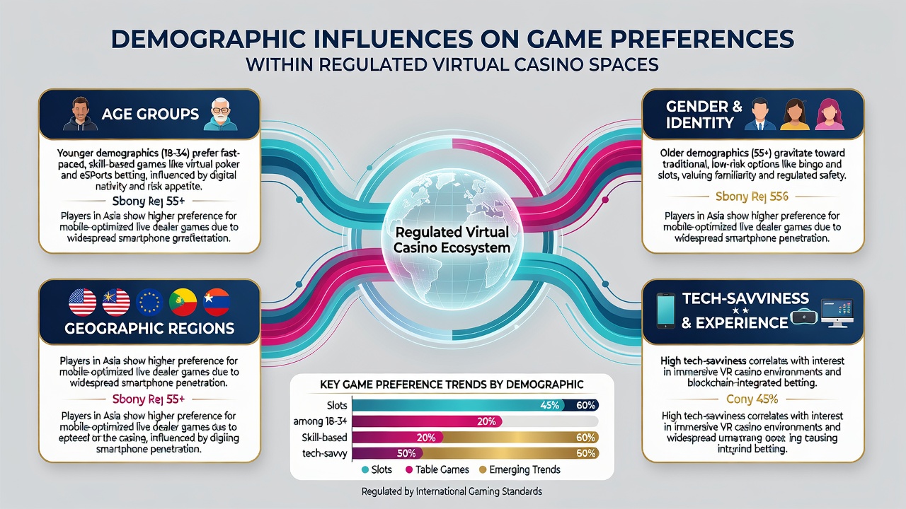 Analytics dashboard displaying demographic breakdowns of game preferences in regulated online casino environments