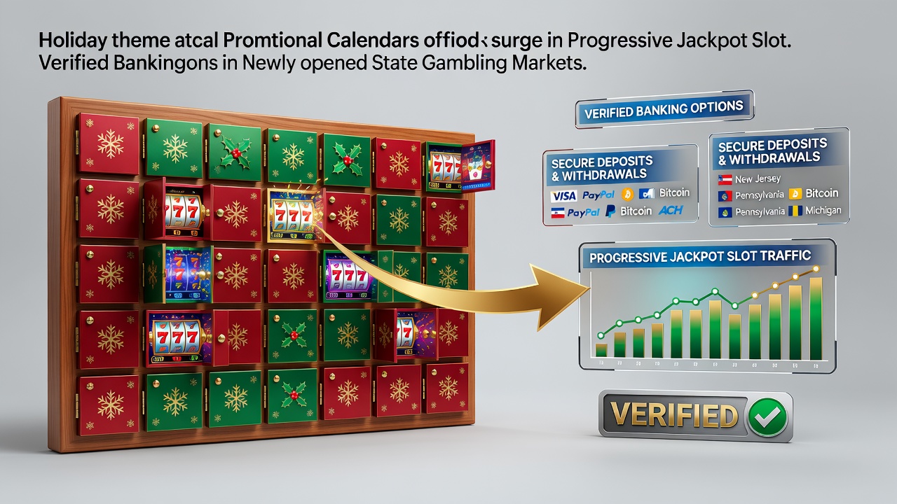 Holiday calendar overlay on progressive jackpot slot interface showing traffic patterns in a new state market