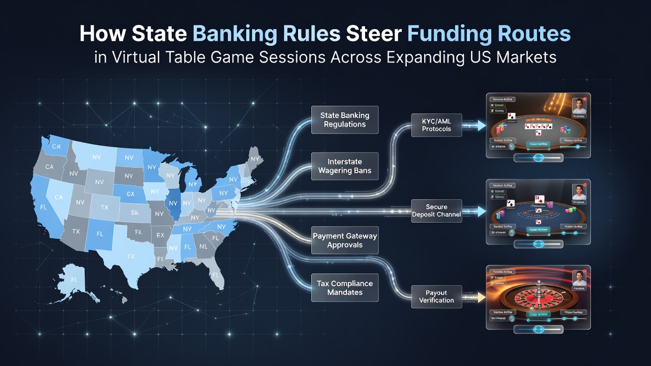 Illustration of state banking regulations directing funding paths for virtual table games in US online markets