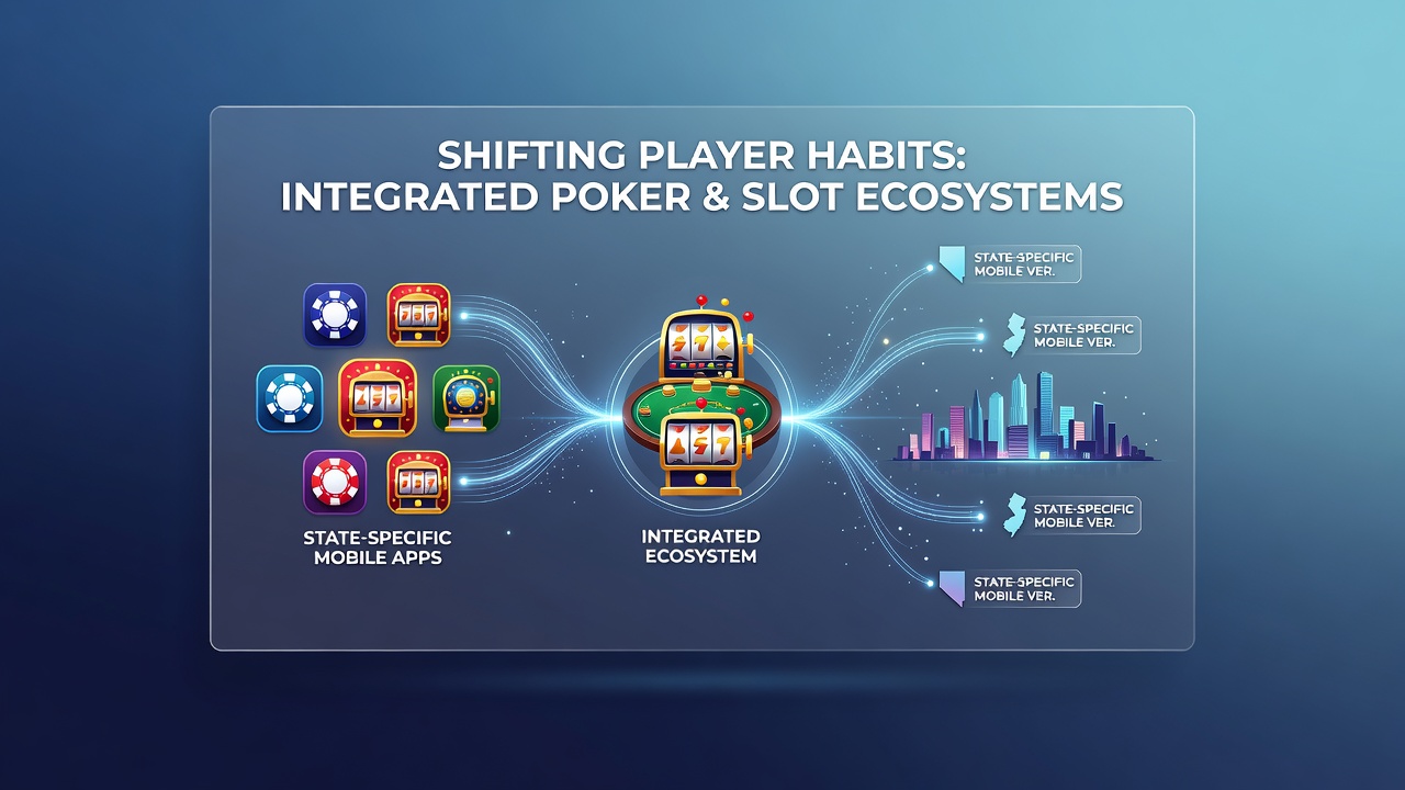 Player engaging with integrated poker and slot interface on mobile device