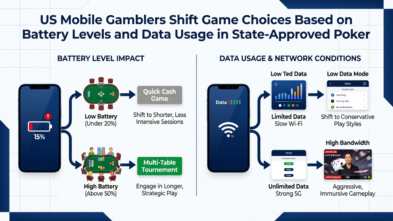 Smartphone screen displaying poker app options alongside battery percentage and data usage indicators